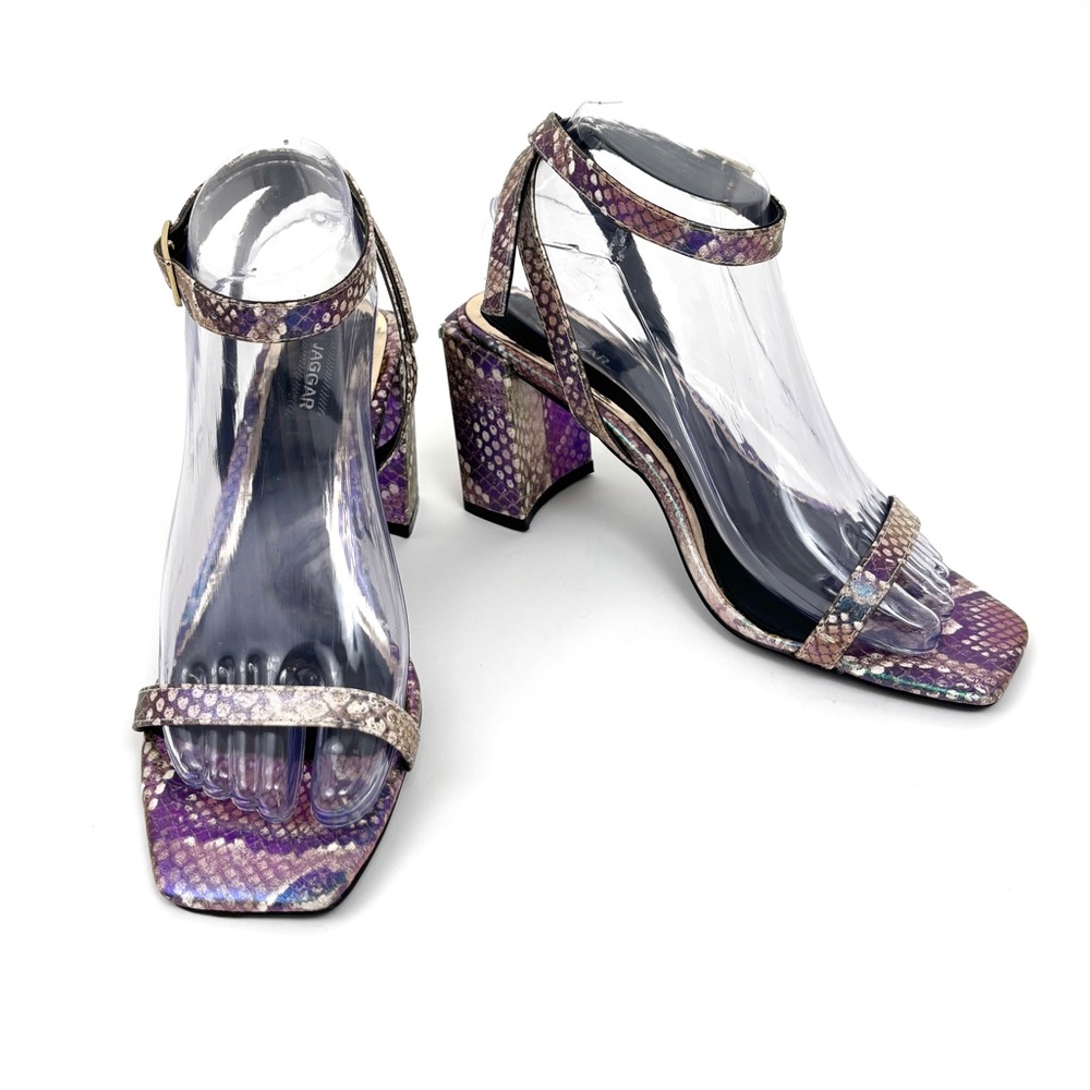 Jaggar Essential Leather Strappy Iridescent Snake Print Heeled Sandals Size 7